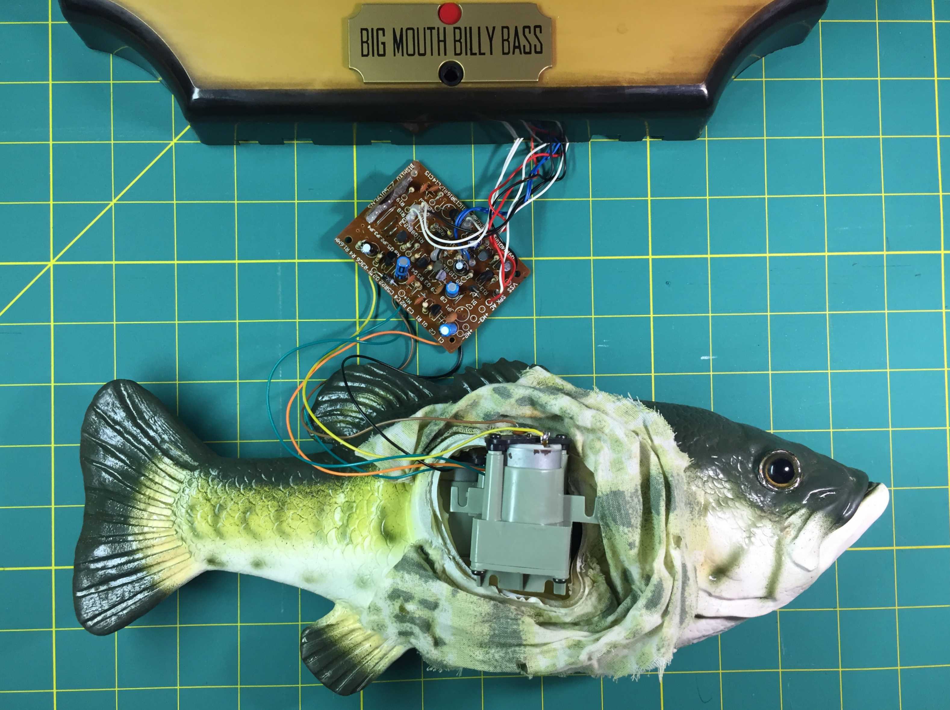 Big Mouth Billy Bass animatronic fish wired to an ESP32 microcontroller