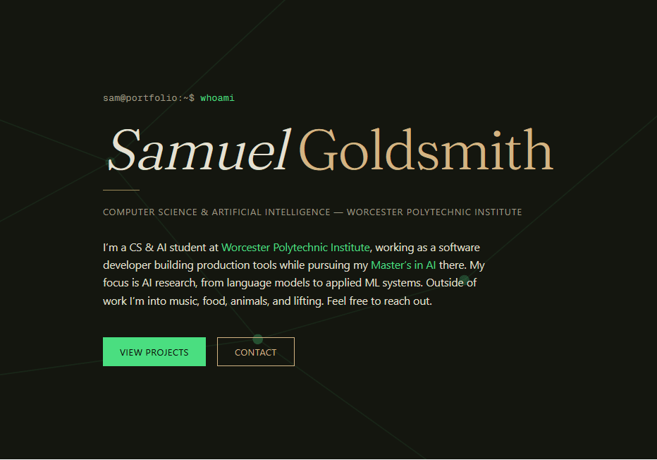 This portfolio's home page in the Terminal Warm theme